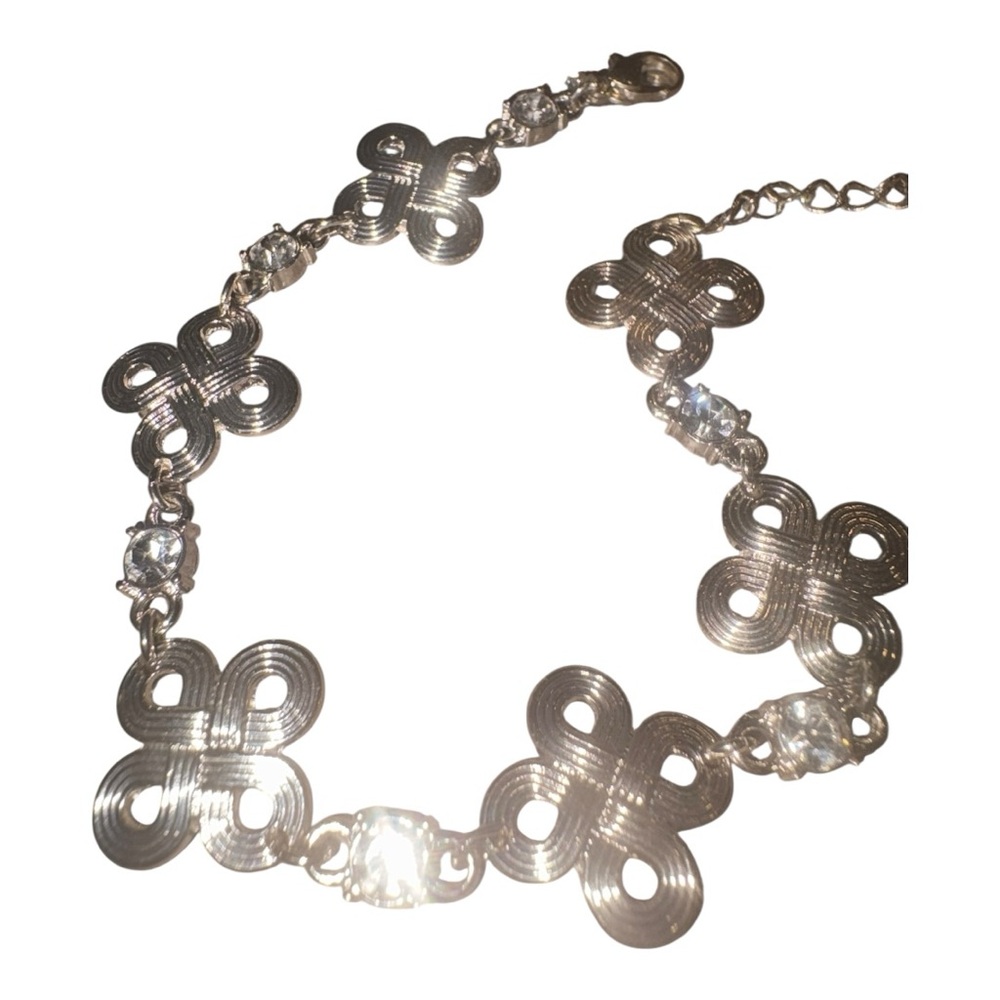 Vintage NWT Silver Tone Rhinestone Clover Link Bracelet Adjustable J43